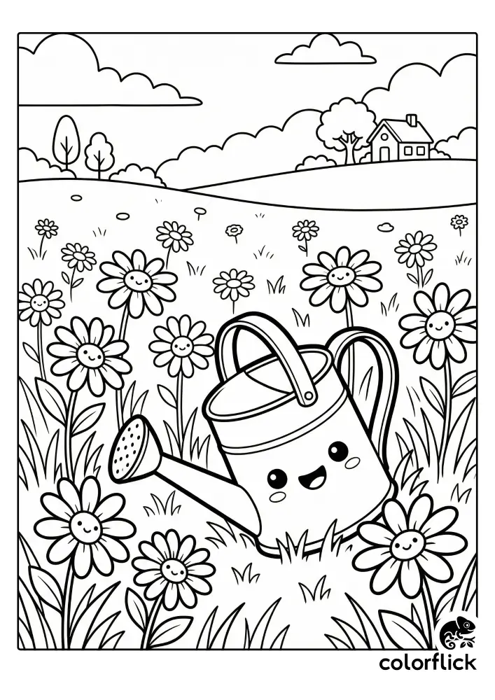 A free printable coloring page for kids featuring a cute smiling watering can character resting in a meadow full of cheerful chibi daisies, with a rolling hill and cottage in the background.