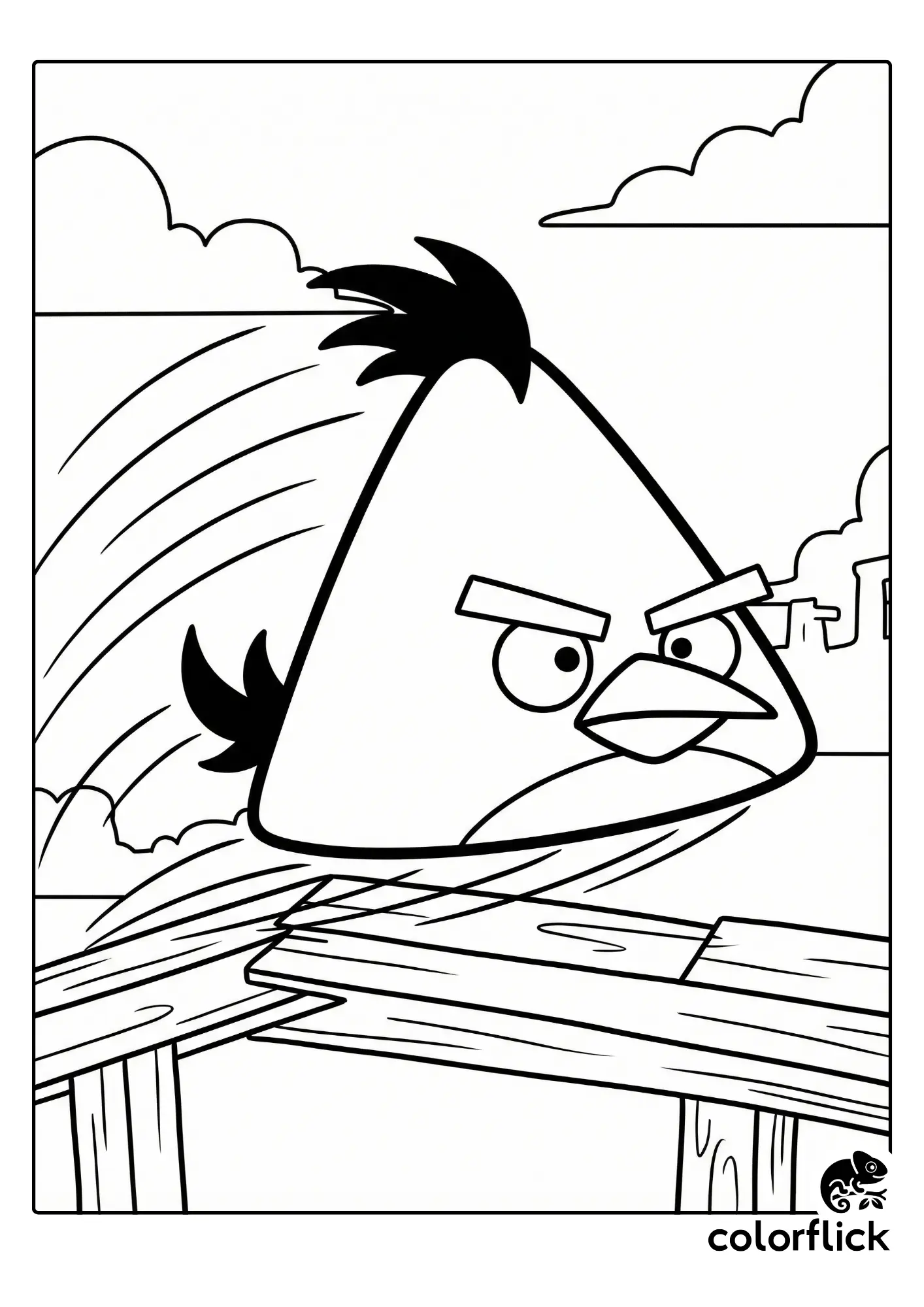 Printable coloring page for kids showing Chibi Chuck, the yellow Angry Bird with a triangle body, speeding fast with motion lines behind him.