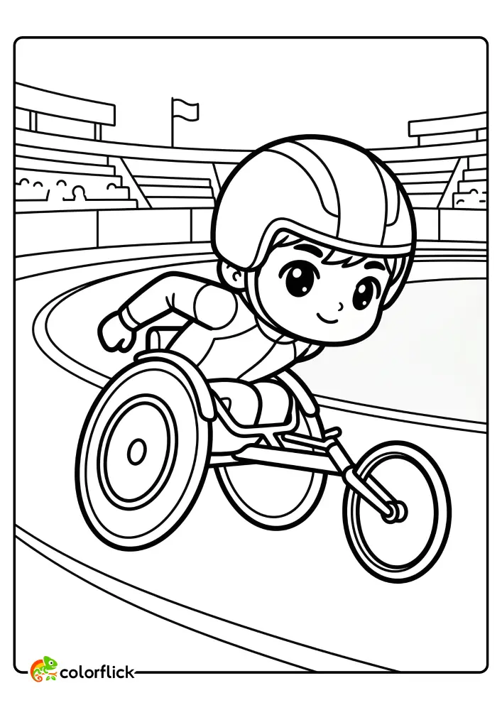 A cute person wearing a helmet and racing in a wheelchair on a track, a perfect printable coloring page for kids.