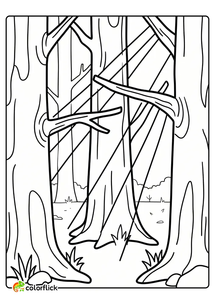 Outline of three wide tree trunks in a forest with sun rays, a printable coloring page for kids.