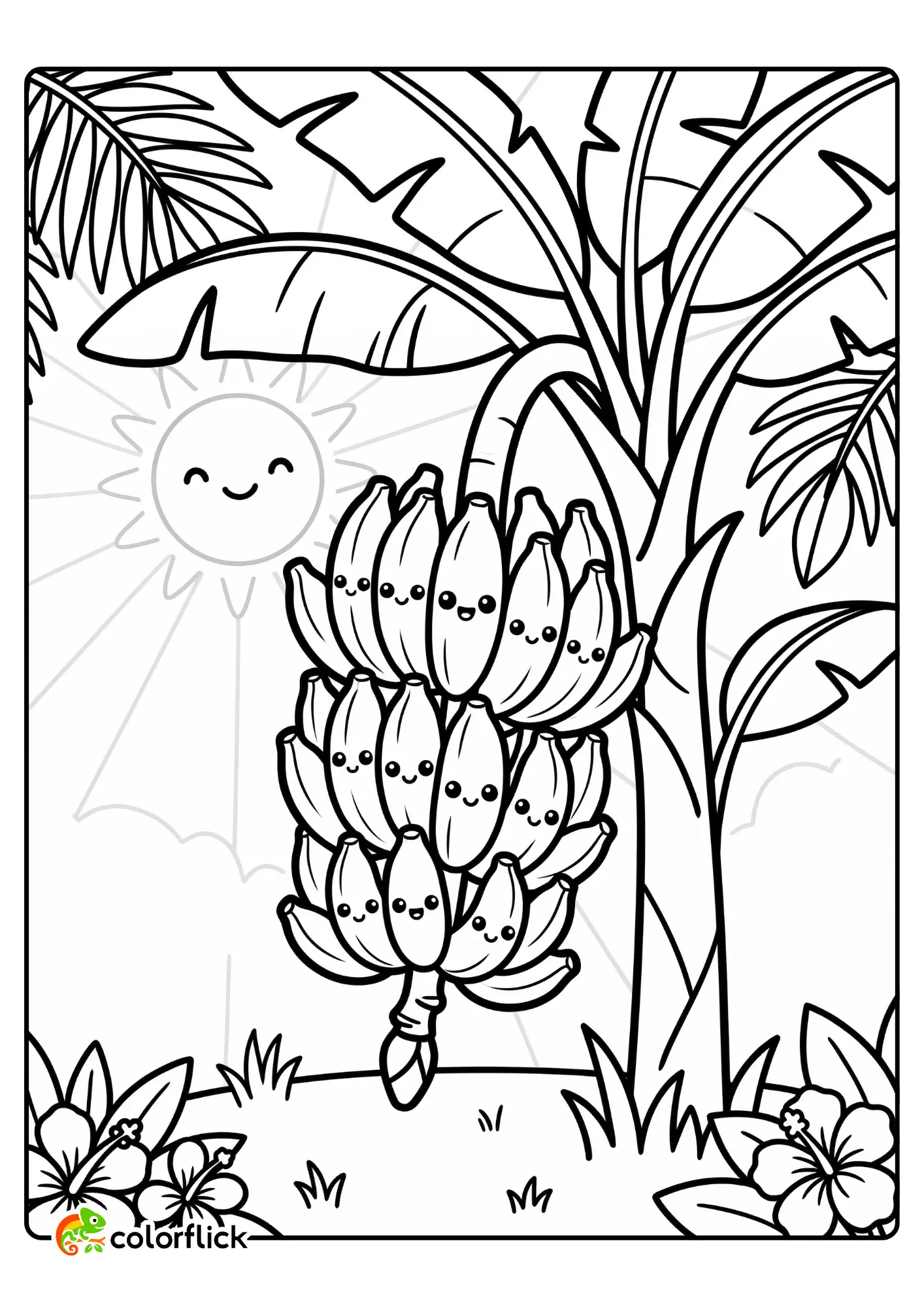 A cute cluster of smiling bananas hangs from a banana tree under a happy sun in this tropical printable coloring page for kids.