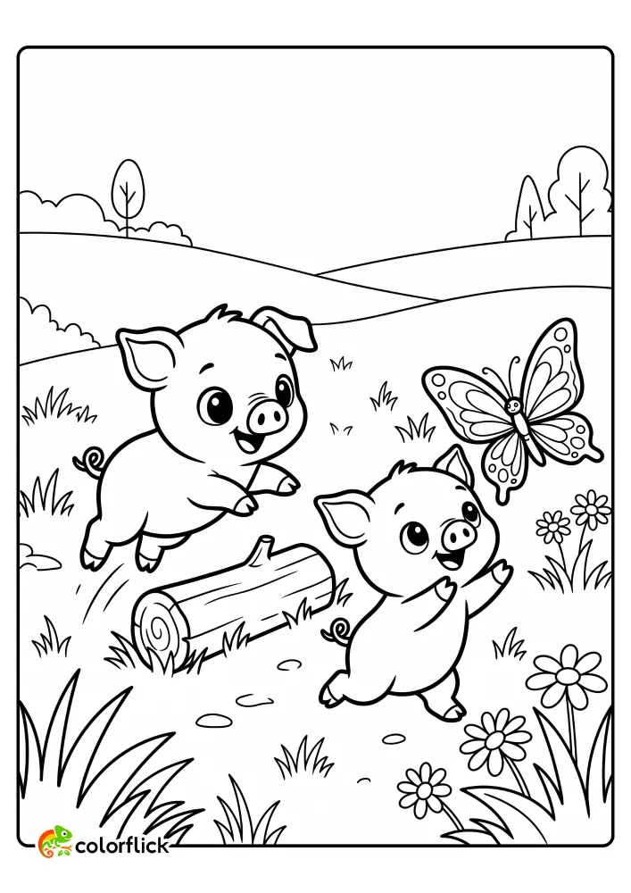 Two cute piglets playing in a grassy meadow, one jumping over a log and the other chasing a butterfly printable coloring page for kids.