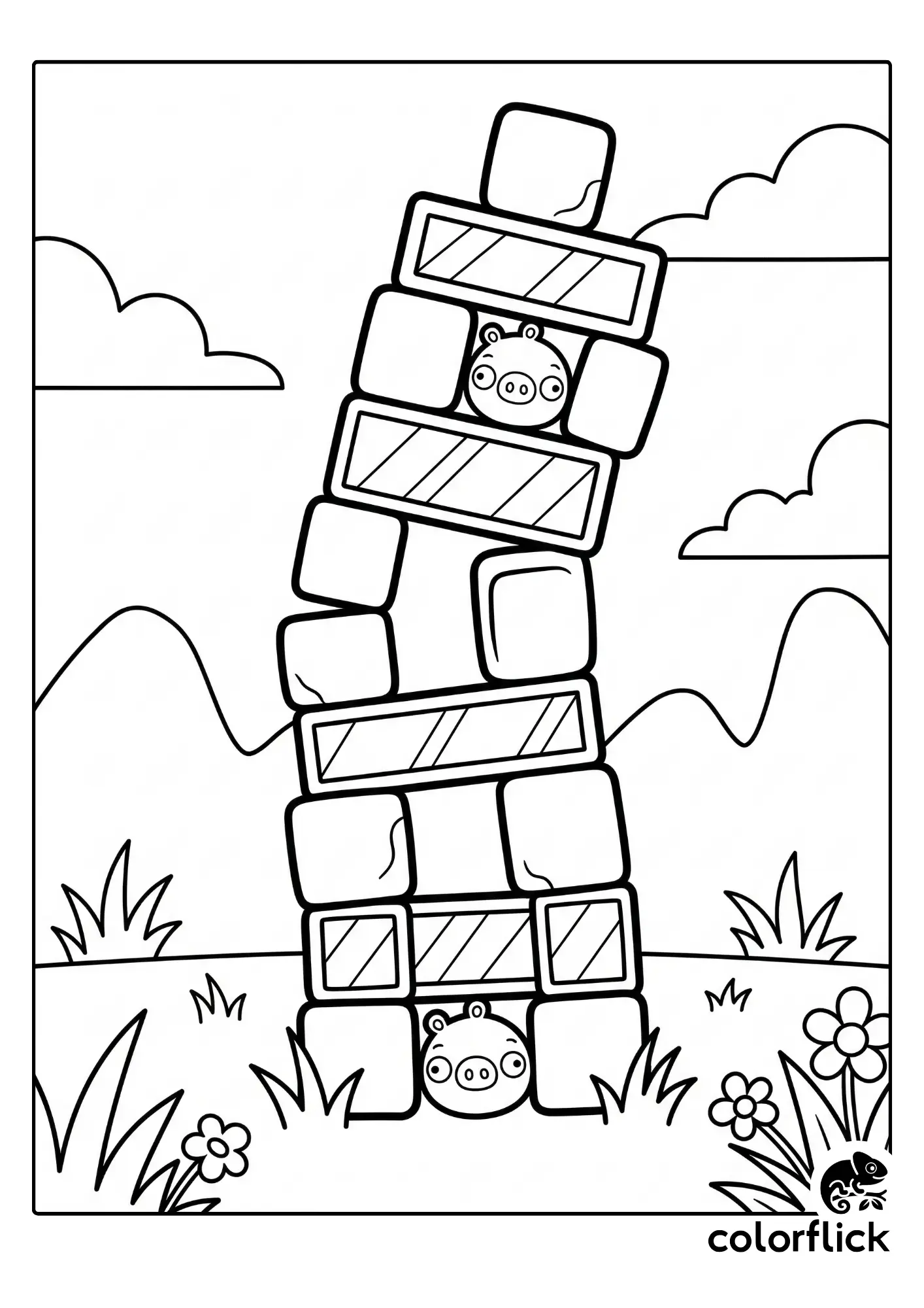 Chibi Angry Birds tower with two peeking pig faces and simple hills, a free printable coloring sheet for kids.