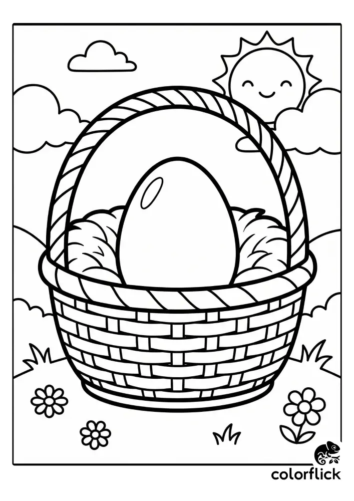 Woven basket holding a large egg on a grassy hill with flowers, under a smiling sun and clouds. This is a free printable coloring page for kids.