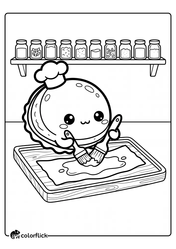 A printable coloring page for kids featuring a cute abalone chef wearing a chef hat, using two small brushes to spread sauce on a piece of seaweed on a wooden serving tray, with spice jars on a background shelf.
