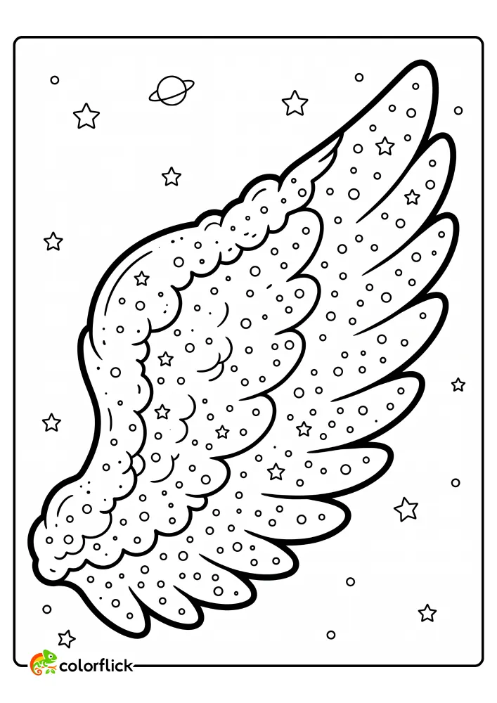 A detailed angel wing filled with stars and dots, floating in a simple space background with a ringed planet, crescent moon, and stars, perfect as a free printable coloring sheet for kids.