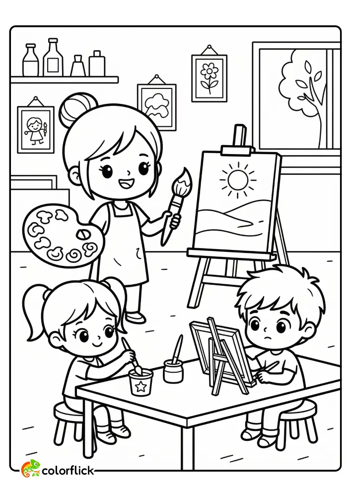 A cute chibi art teacher at a large easel holding a palette while two children sit nearby dipping brushes and painting on small canvasses. This is a printable coloring page for kids.