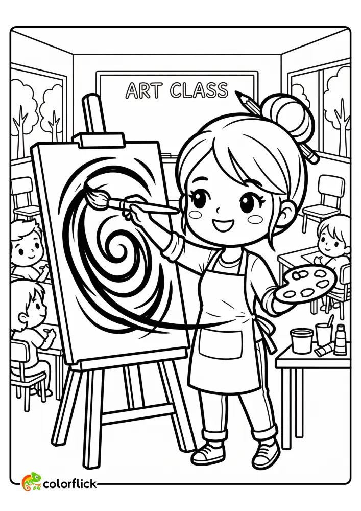 A cute illustration for a printable coloring page for kids showing an art teacher at the front of a classroom using a paintbrush to make a large, dramatic swirling pattern on a canvas mounted on an easel.