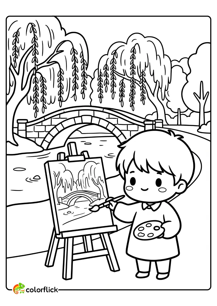 A cute artist stands at an easel, sketching a beautiful scene with a stone bridge and hanging weeping willow trees, printable coloring page for kids.