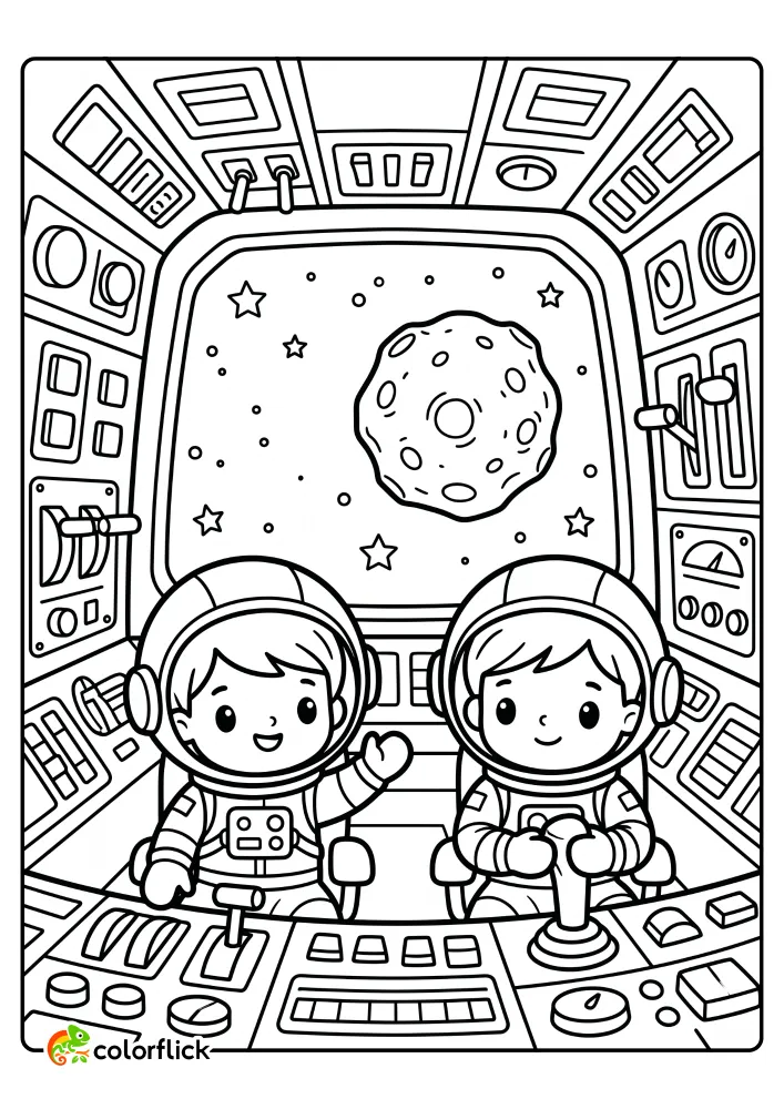 A line art illustration for kids of two cute chibi astronauts sitting in a spaceship cockpit with one waving, looking out a large window at a moon, stars, and an asteroid, functioning as a free printable coloring sheet.
