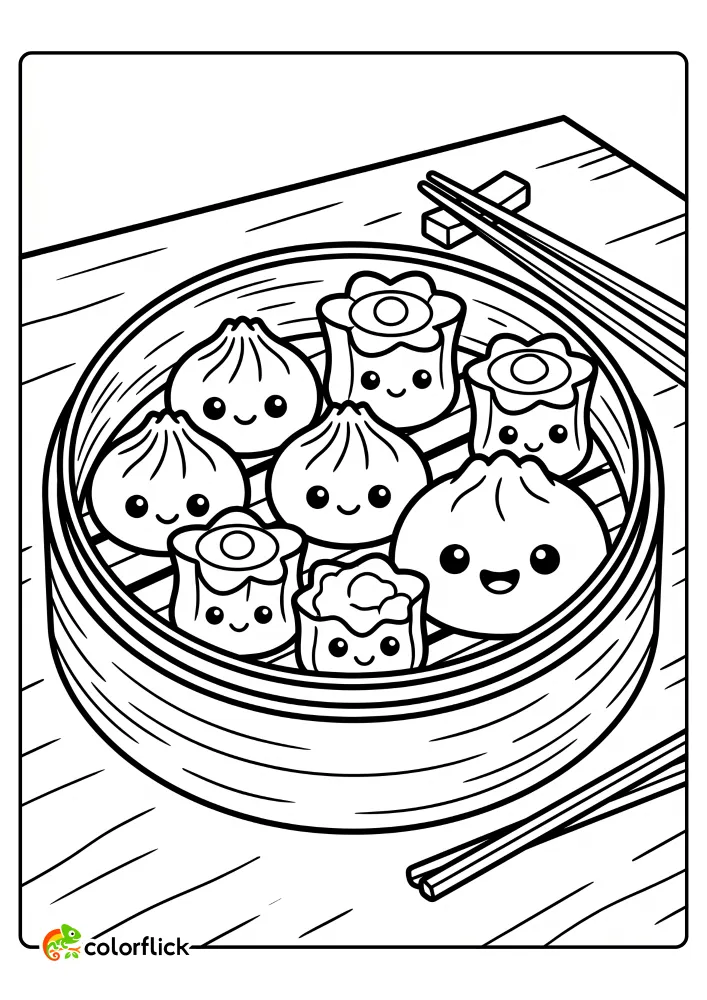 Free printable coloring sheet for kids featuring a charming bamboo steamer filled with adorable, smiling xiao long bao and siu mai dumplings and a steamed bun, with chopsticks nearby on a wooden table.