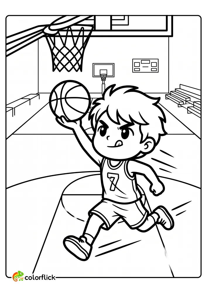 A cute boy with tongue out driving for a fast-break layup printable coloring page for kids.
