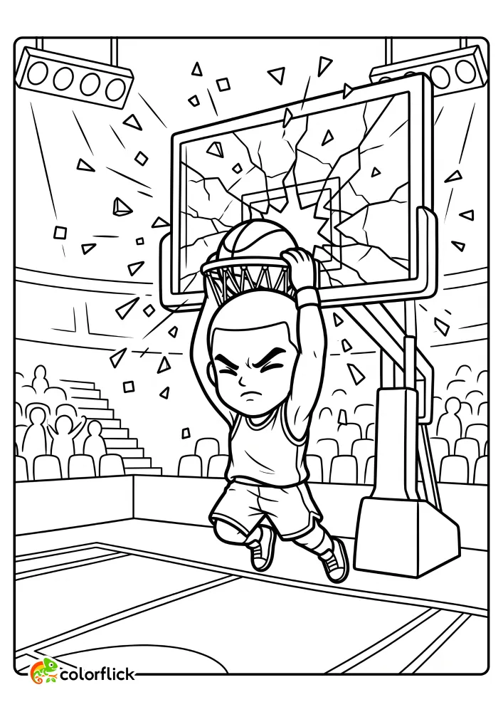 An exciting basketball player performing a powerful slam dunk that shatters the glass backboard in a crowded arena. Printable coloring page for kids.