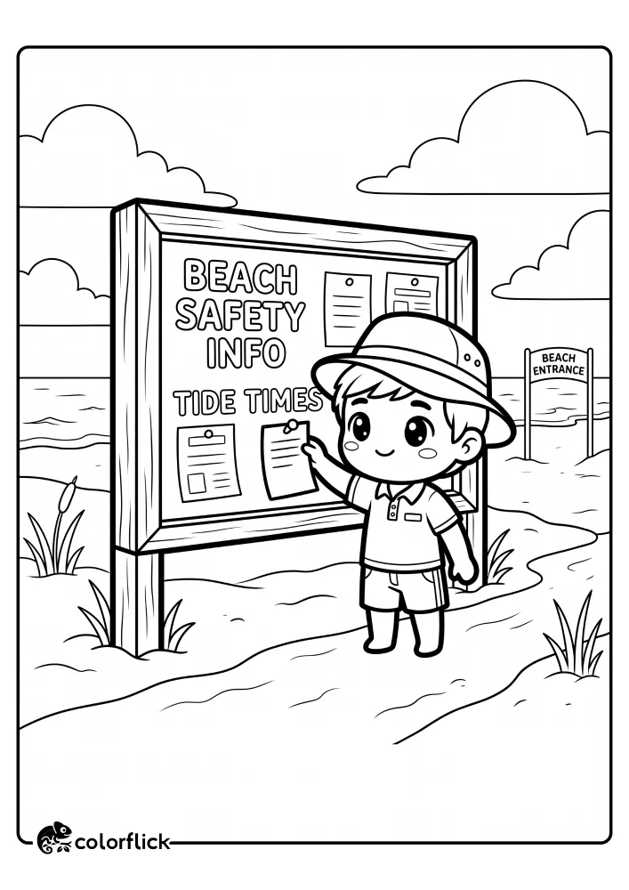 A simple line art printable coloring page for kids showing a cute child lifeguard with large expressive eyes pointing to a beach safety bulletin board. The board has text outlines for 'BEACH SAFETY INFO' and 'TIDE TIMES'. A wooden lifeguard stand and the ocean are in the background with thin line art.