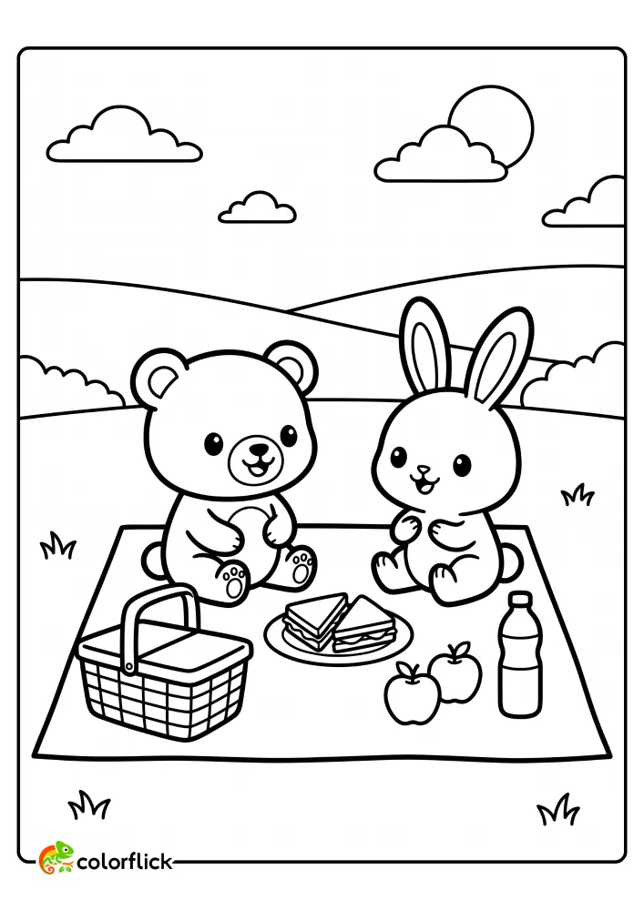 Bear and rabbit picnic with sandwiches, apples, and water bottle printable coloring page for kids