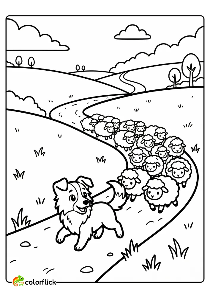 A happy border collie herding dog leading a flock of sheep up a winding country path, printable coloring page for kids.