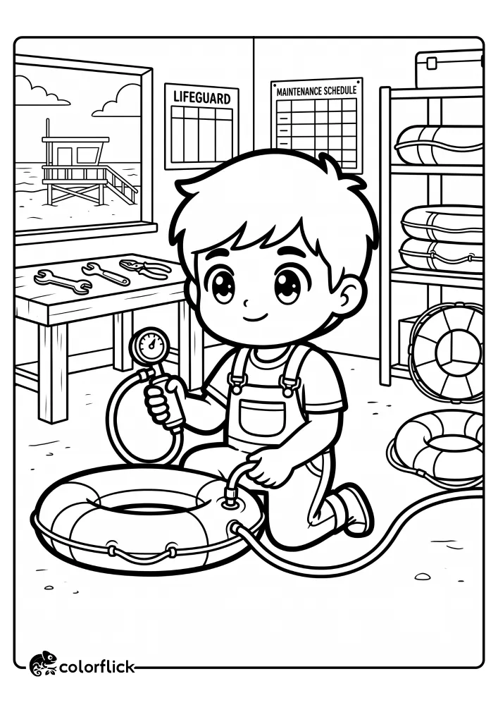 A free printable coloring sheet showing a young boy in overalls using a hand pump to check the air pressure of a rescue life ring inside a lifeguard maintenance room.