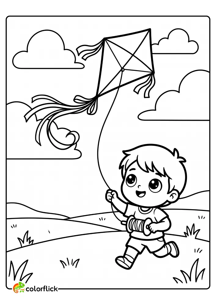 A happy young boy running through a rolling field while flying a large diamond kite among the clouds printable coloring page for kids.