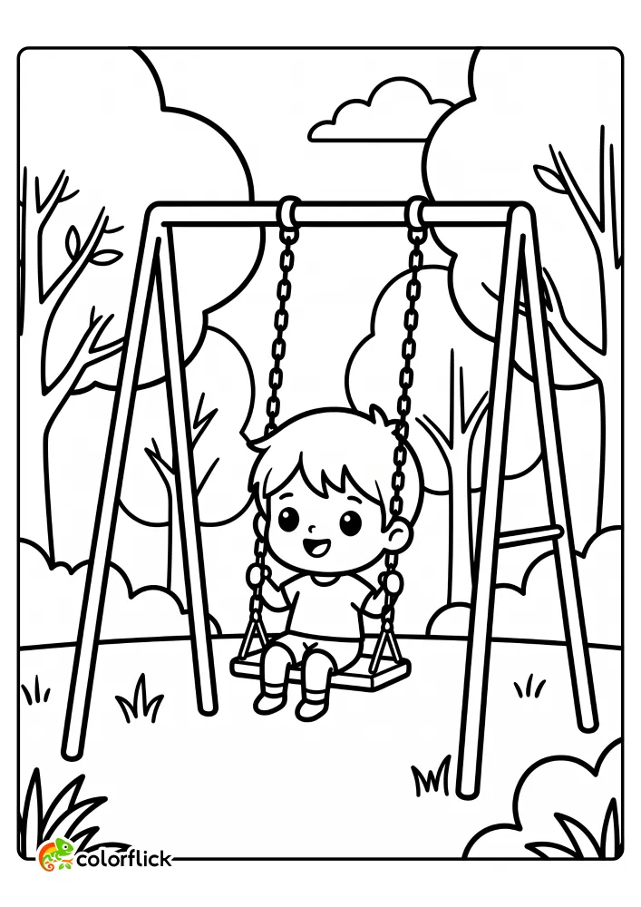 Cute chibi boy happily swinging on a swing set in a park, printable coloring page for kids