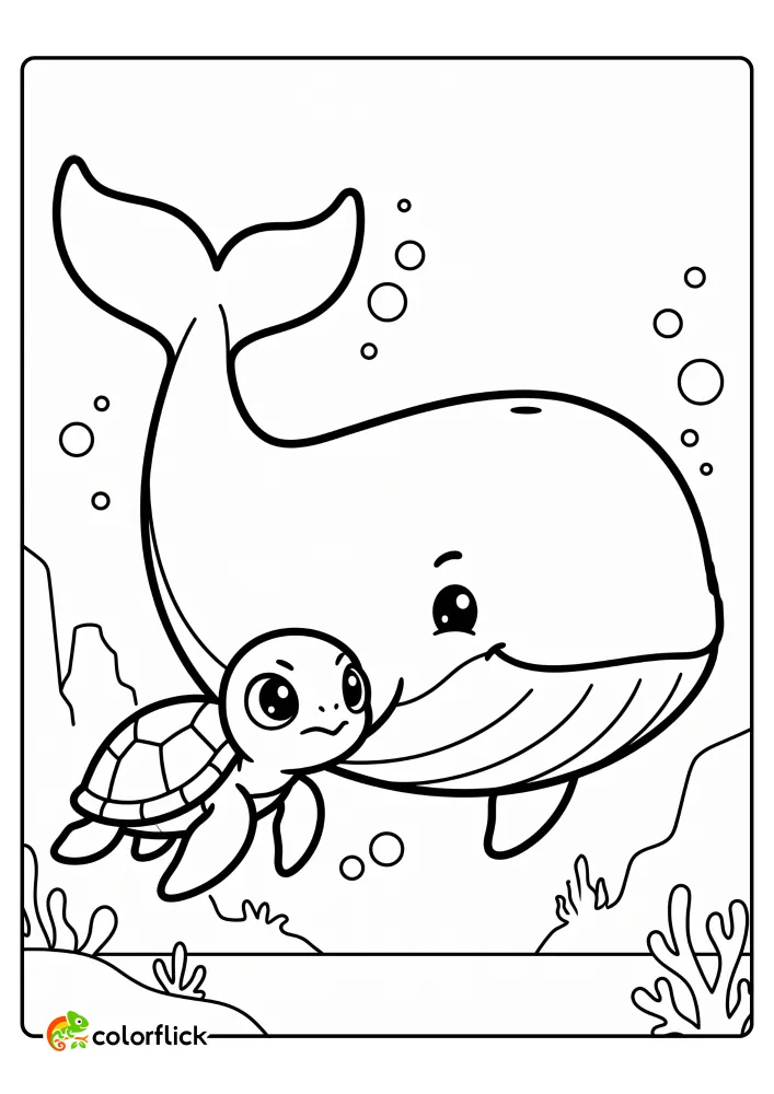 A small sea turtle swimming alongside a massive whale with its large tail fluke in the deep ocean, free printable coloring page for kids.