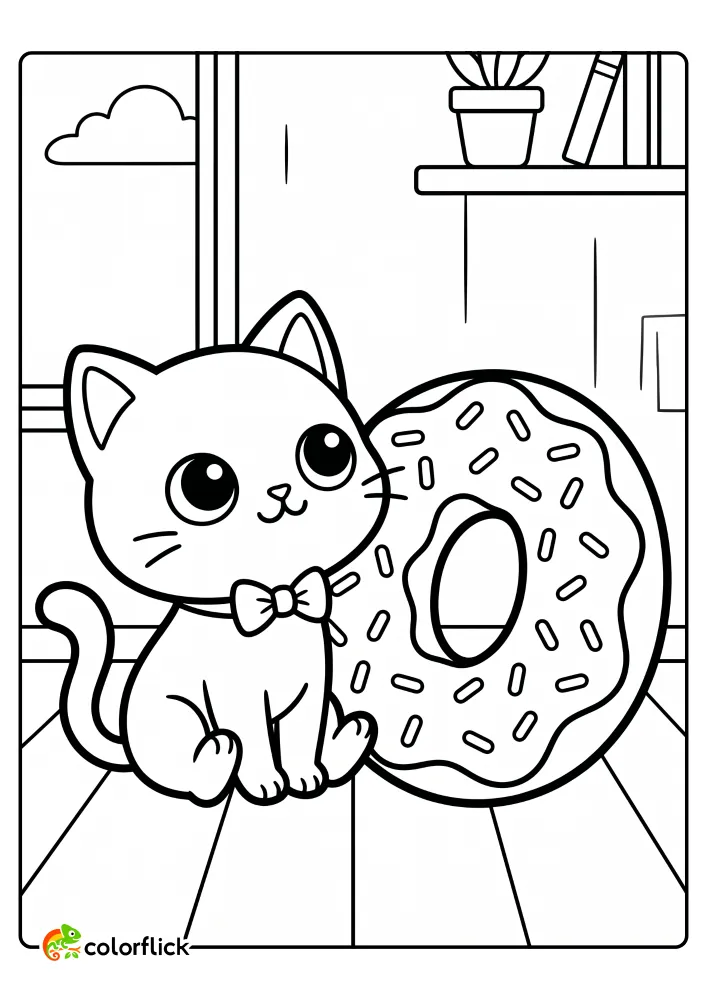 An adorable cartoon cat with a bowtie sits looking at a giant frosted donut with sprinkles, a fun printable coloring page for kids.