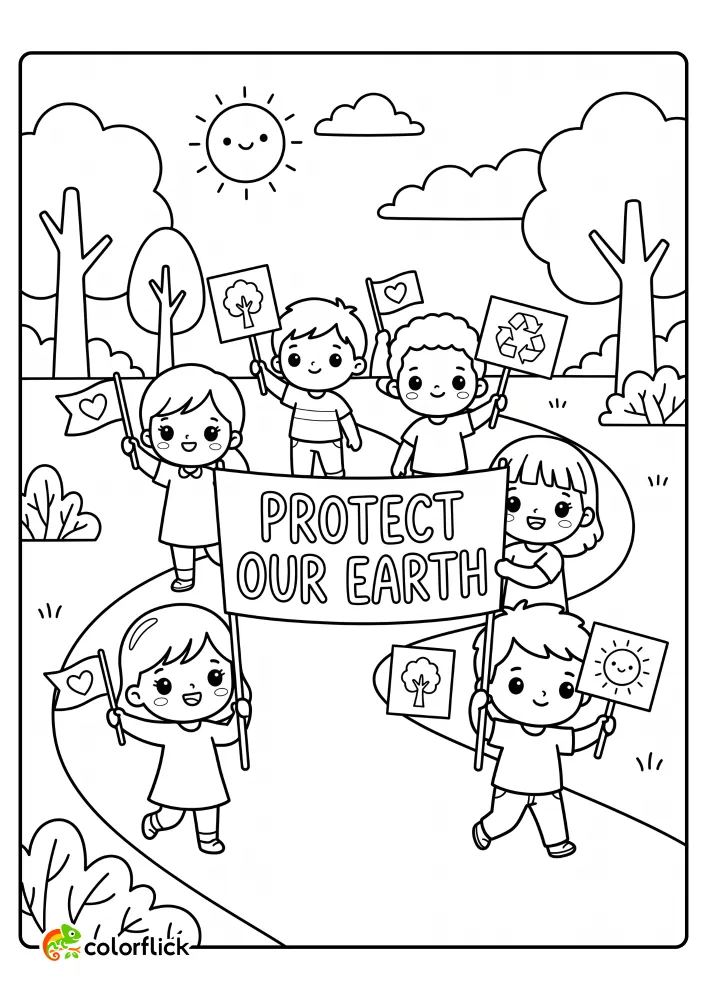 A printable coloring page for kids showing a group of diverse children walking in a park, holding a large banner that reads "PROTECT OUR EARTH" and small signs with trees, hearts, and recycling symbols, with a happy sun in the background.