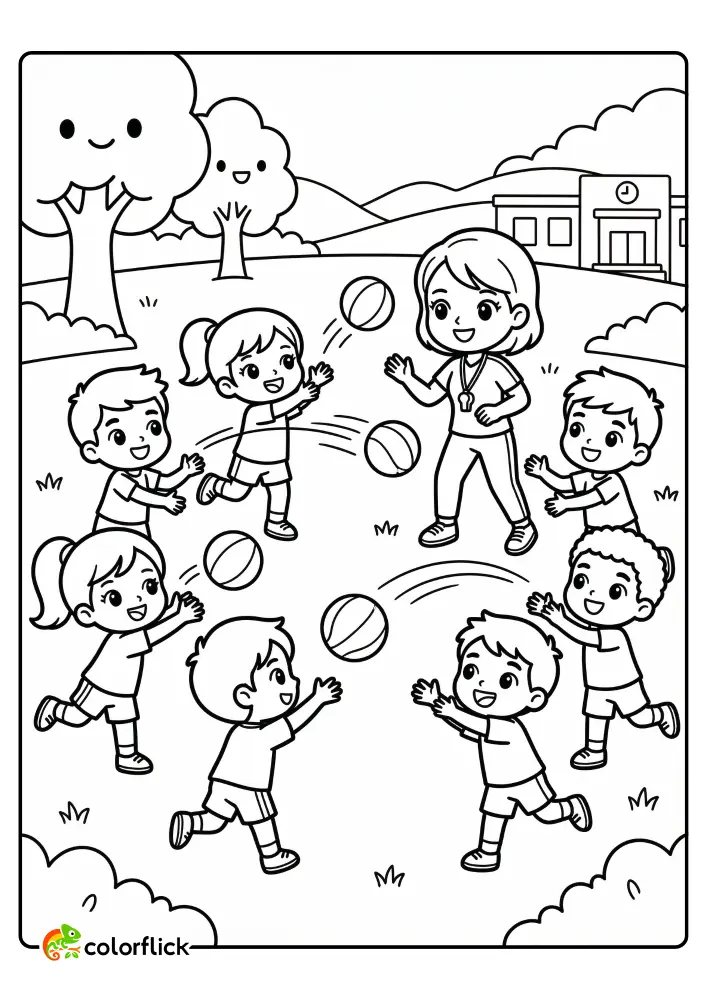 A female coach and school children participating in a ball toss circle drill outdoors, free printable coloring sheet.