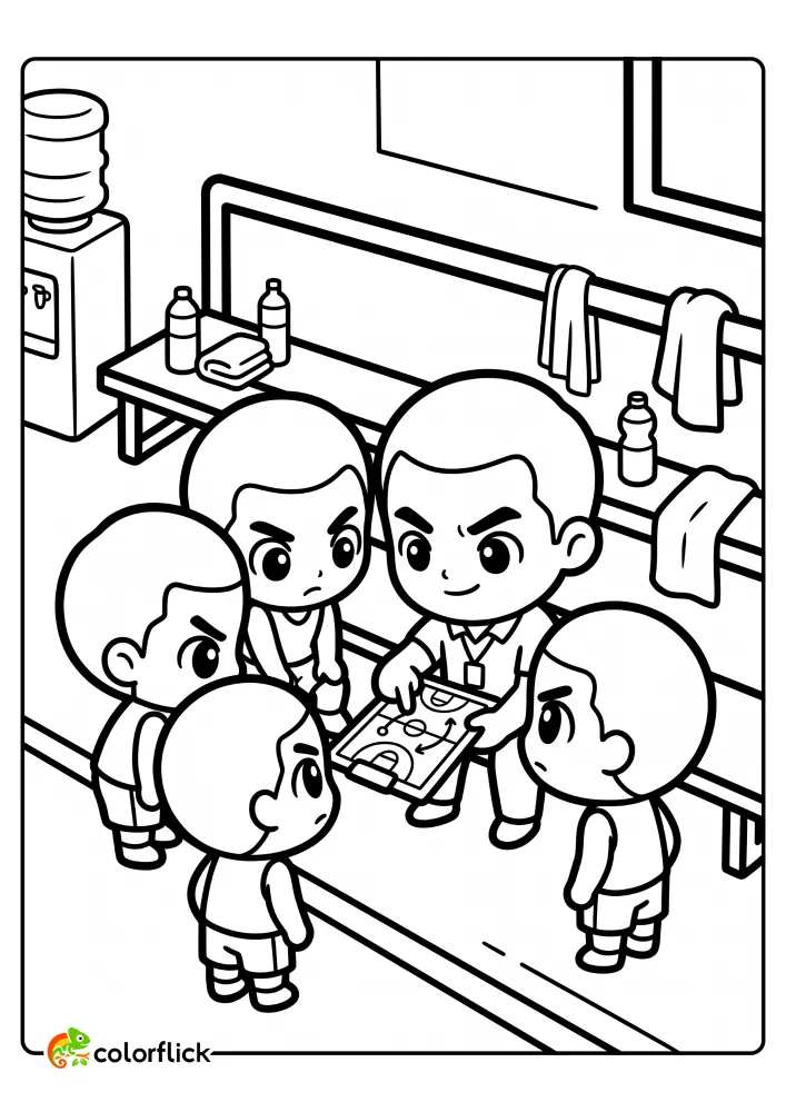 A dedicated coach explains a basketball play diagram on a small whiteboard to four young players. Perfect for a printable coloring page for kids.