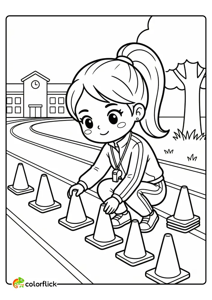 A coach crouching on a school running track to arrange a row of cones for a race start line. This is a printable coloring page for kids.