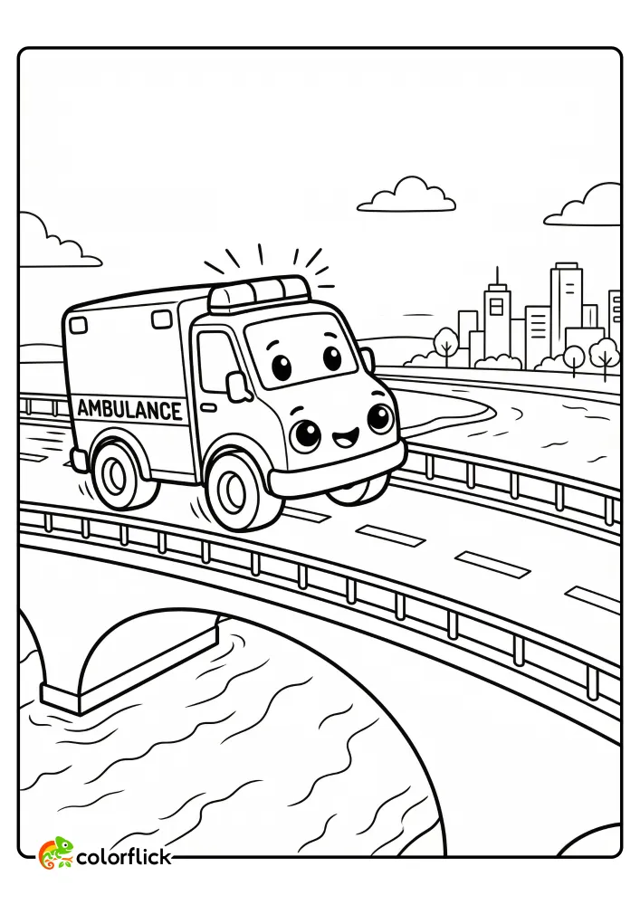 A cute ambulance with a smiling face drives across a bridge towards a simple city skyline, providing a free printable coloring sheet for kids.