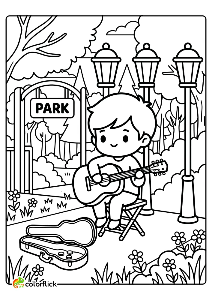 A cute boy playing an acoustic guitar while sitting on a stool in a detailed park setting with lanterns and a 'PARK' sign, printable coloring page for kids.