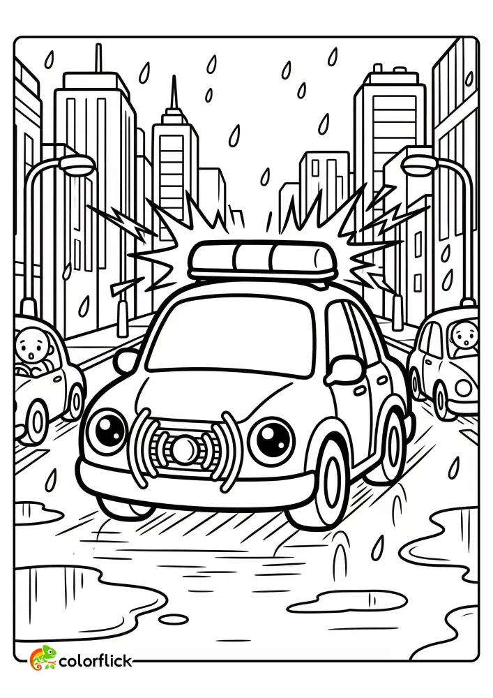 Cute cartoon police car speeding down a rain-slicked city street with flashing lights and a roaring siren, printable coloring page for kids.