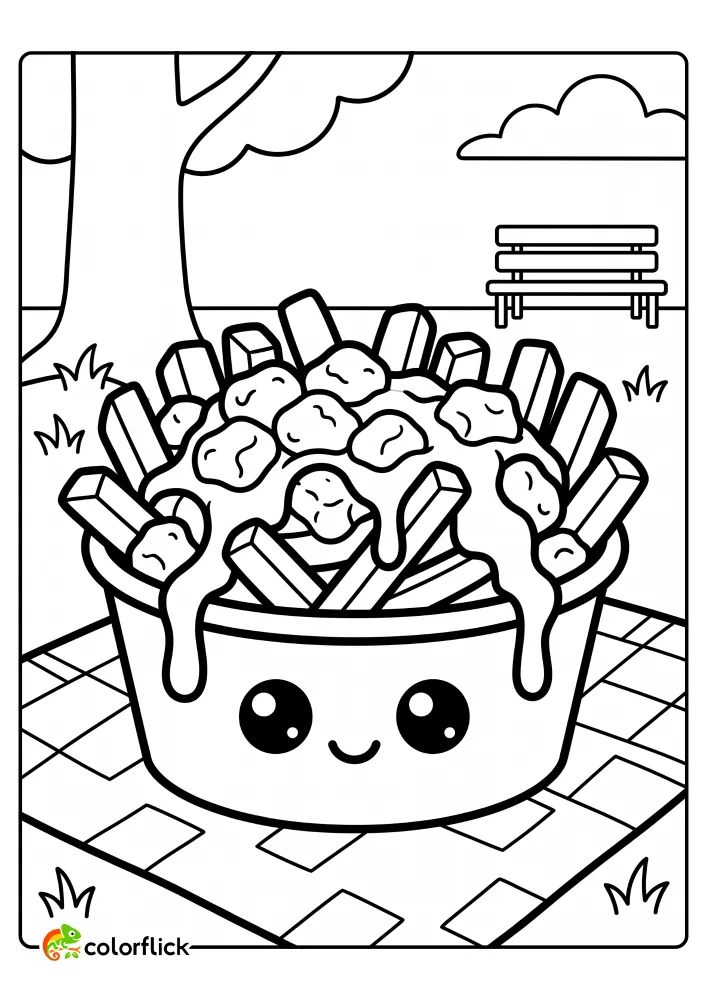 A cute cartoon bowl of poutine with French fries, gravy, and cheese curds sitting on a picnic blanket in a park, perfect for a printable coloring page for kids.