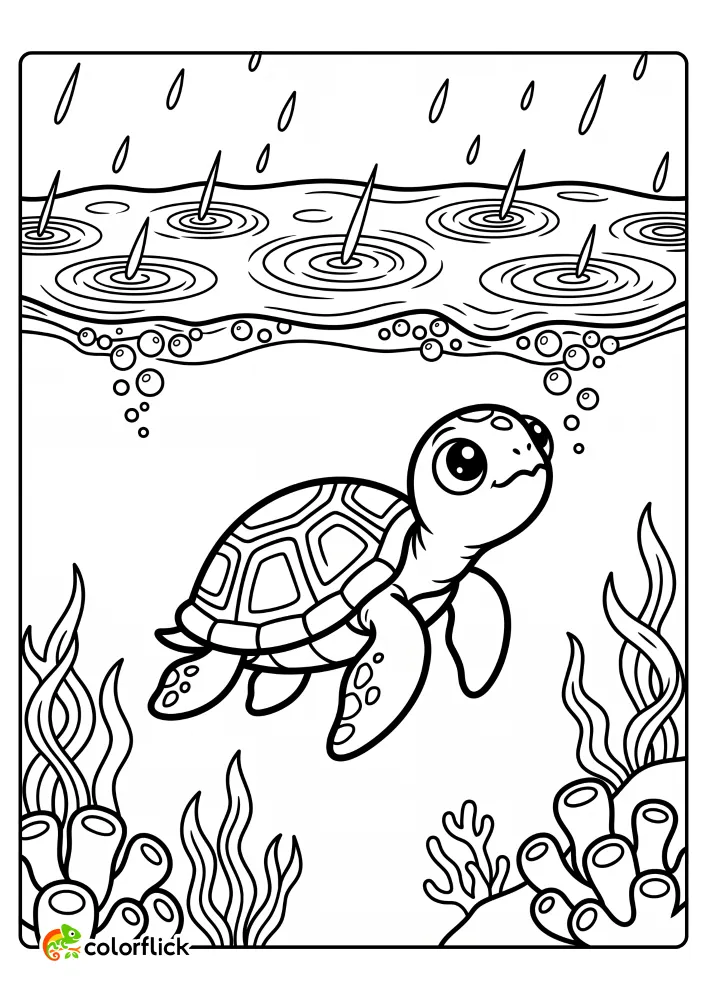A detailed printable coloring page for kids showing a cute cartoon sea turtle swimming underwater and looking up as raindrops fall on the surface of the water, with bubbles and coral.