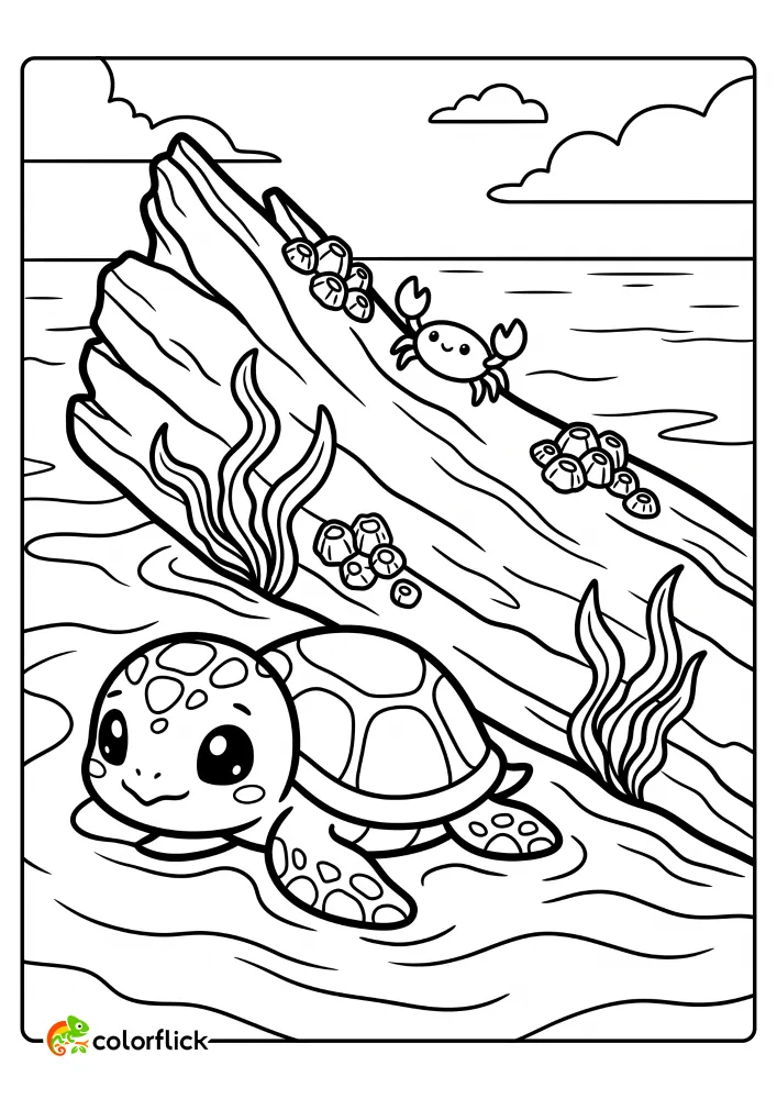 A printable coloring page for kids featuring a cute chibi sea turtle resting in the water near a piece of driftwood with a tiny crab on top.