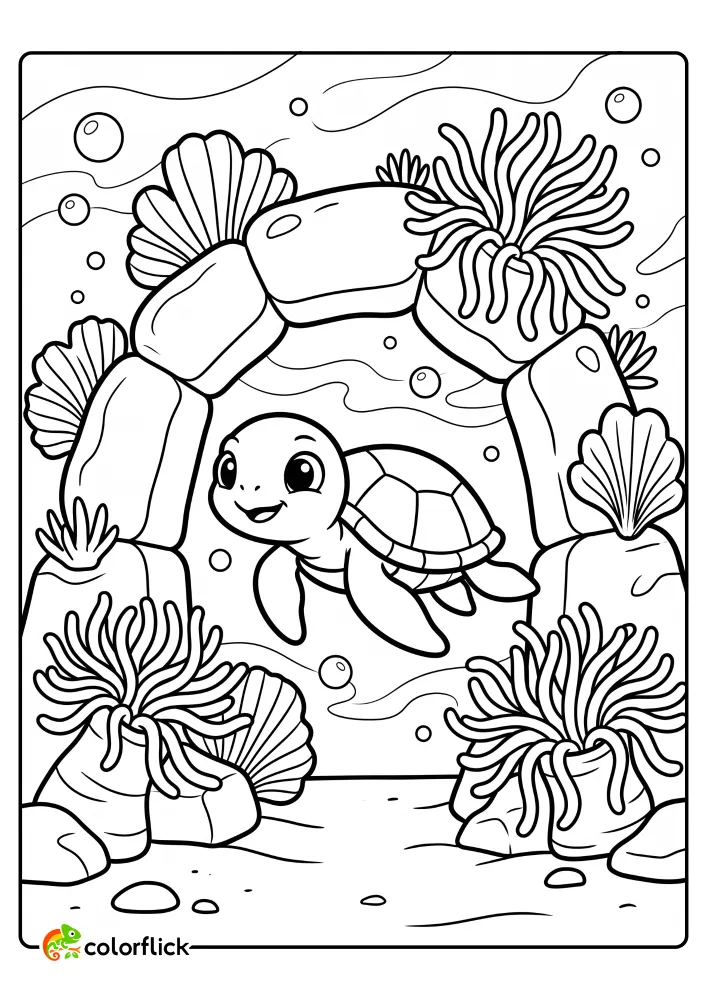 A cute, friendly sea turtle swimming through a beautiful coral and rock archway on the ocean floor, featured in this printable coloring page for kids.