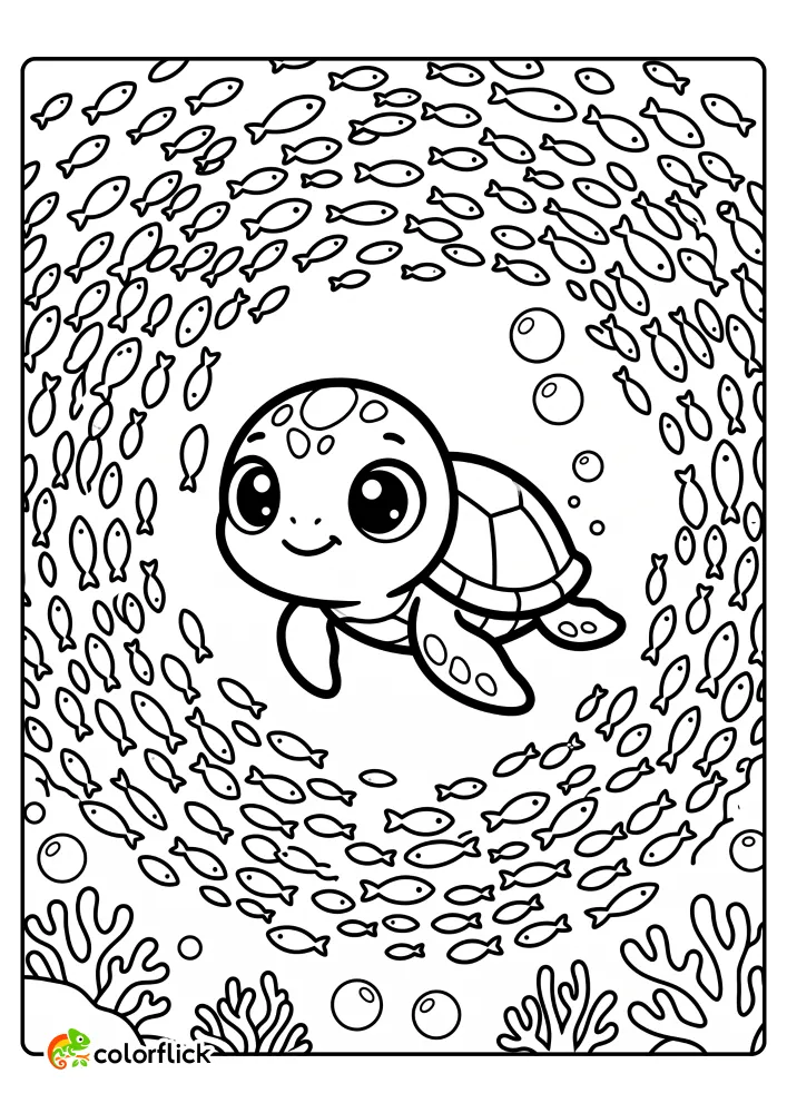 A printable coloring page for kids featuring a cute sea turtle swimming centrally through a swirling vortex of hundreds of tiny fish in a detailed underwater ocean scene.