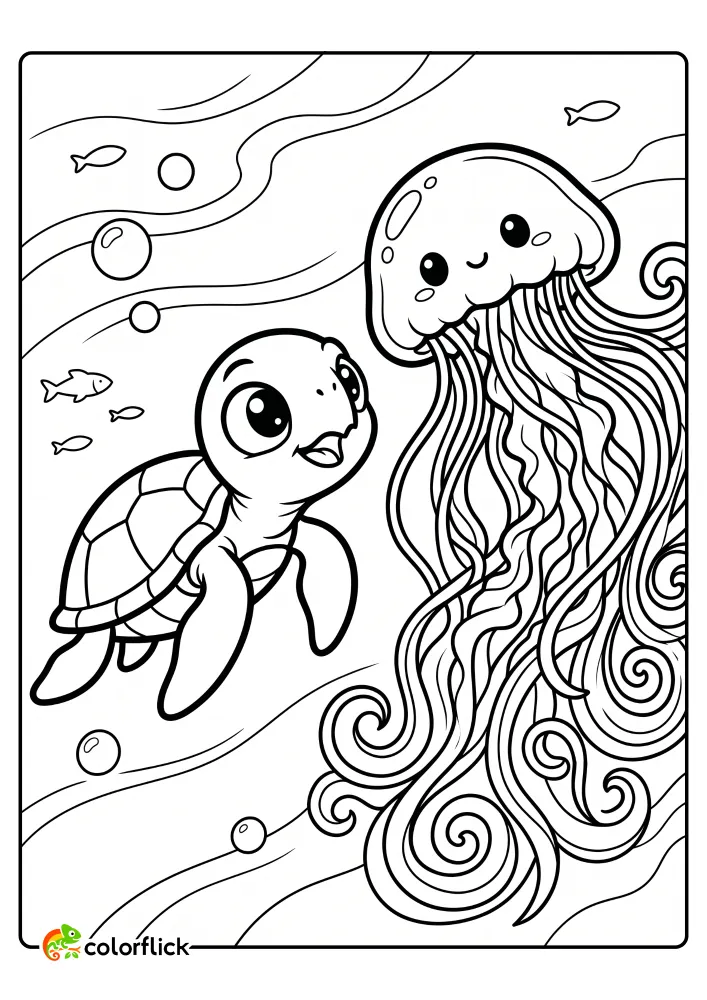 A printable coloring page for kids showing a cute sea turtle swimming happily in the ocean alongside a large jellyfish with long, swirly tentacles. Small fish and bubbles surround them.