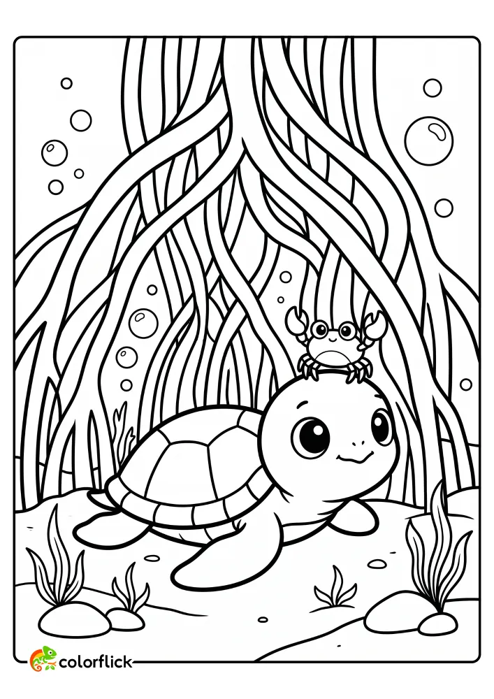A cute sea turtle with a small crab perched on its head amidst underwater roots, a printable coloring page for kids.