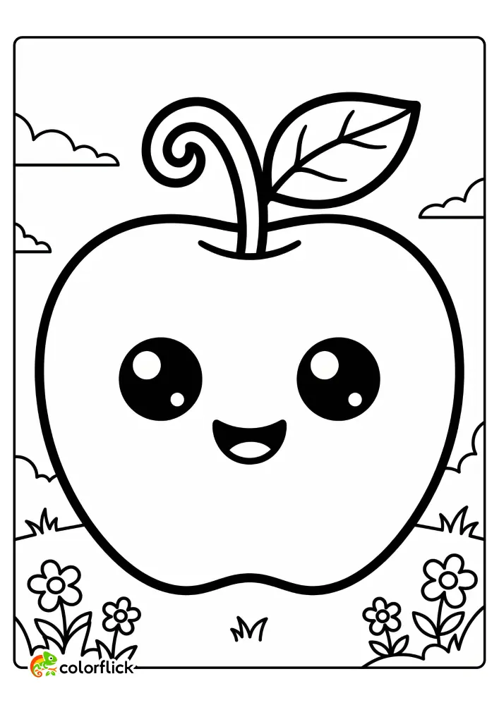 Cute smiling apple with a curly stem and leaf in a simple garden. Printable coloring page for kids and toddlers.