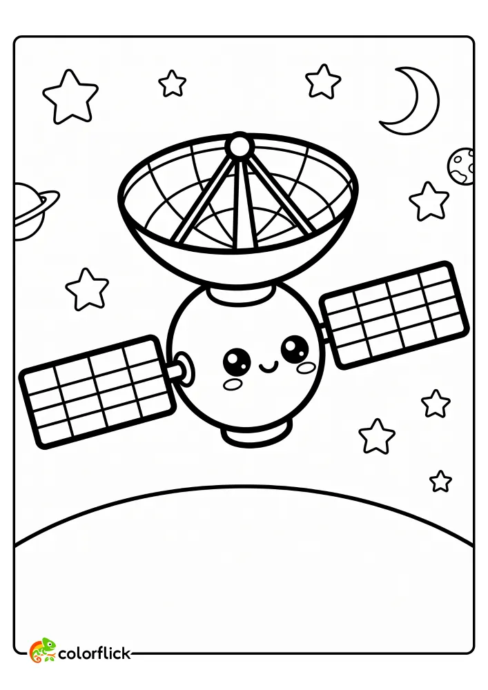 A cute, smiling communication satellite with a large dish antenna and solar panels floating in space above a planet horizon, a printable coloring page for kids.
