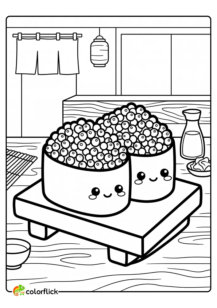 A pair of cute, smiling Gunkan maki sushi characters topped with piled Tobiko fish eggs on a wooden platter in a traditional Japanese setting, available as a printable coloring page for kids.