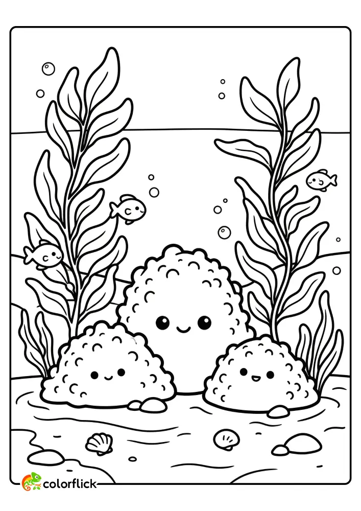 Cute underwater scene with three friendly coral characters, cartoon fish, and seaweed, printable coloring page for kids.