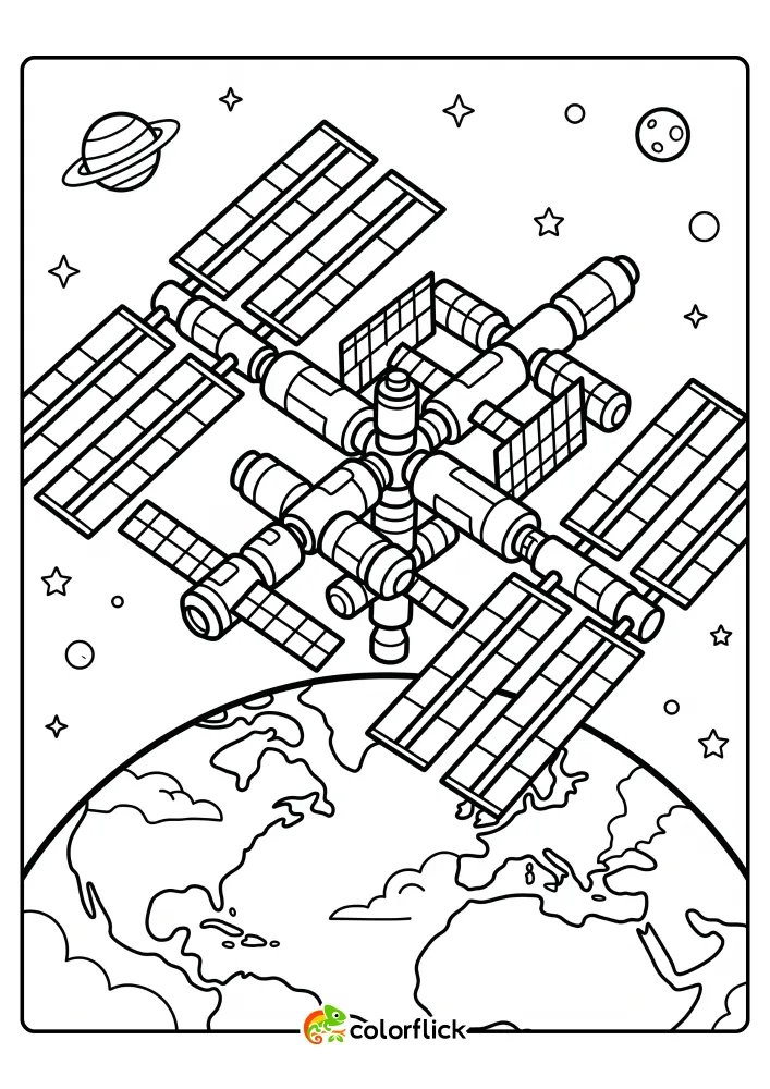 A detailed black and white line art illustration of a massive space station with intricate solar arrays and modules orbiting above Earth with a ringed planet and stars in the background, perfect as a printable coloring page for kids interested in astronomy.
