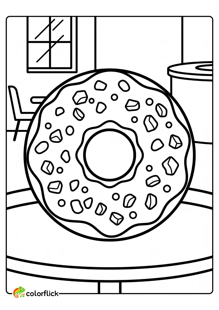 Printable coloring page for kids of a large chocolate-frosted donut with crunchy nut toppings sitting on a cafe table with a window view in the background.