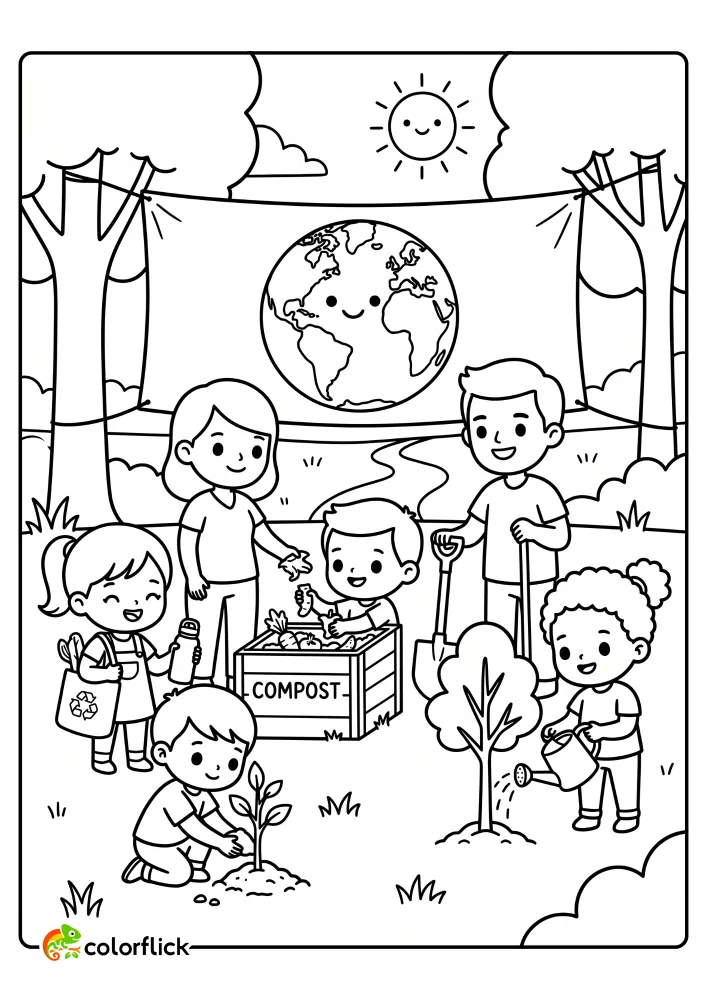 An Earth Day printable coloring page for kids, showing a happy family planting a tree, composting, and holding a reusable bag and water bottle in a park under a smiling Earth banner.