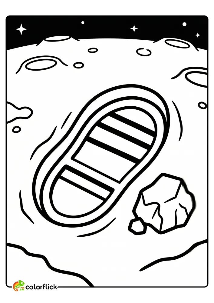 A close-up line art illustration of a deep astronaut footprint on the moon's surface with craters and a star-filled sky, designed as a free printable coloring sheet.