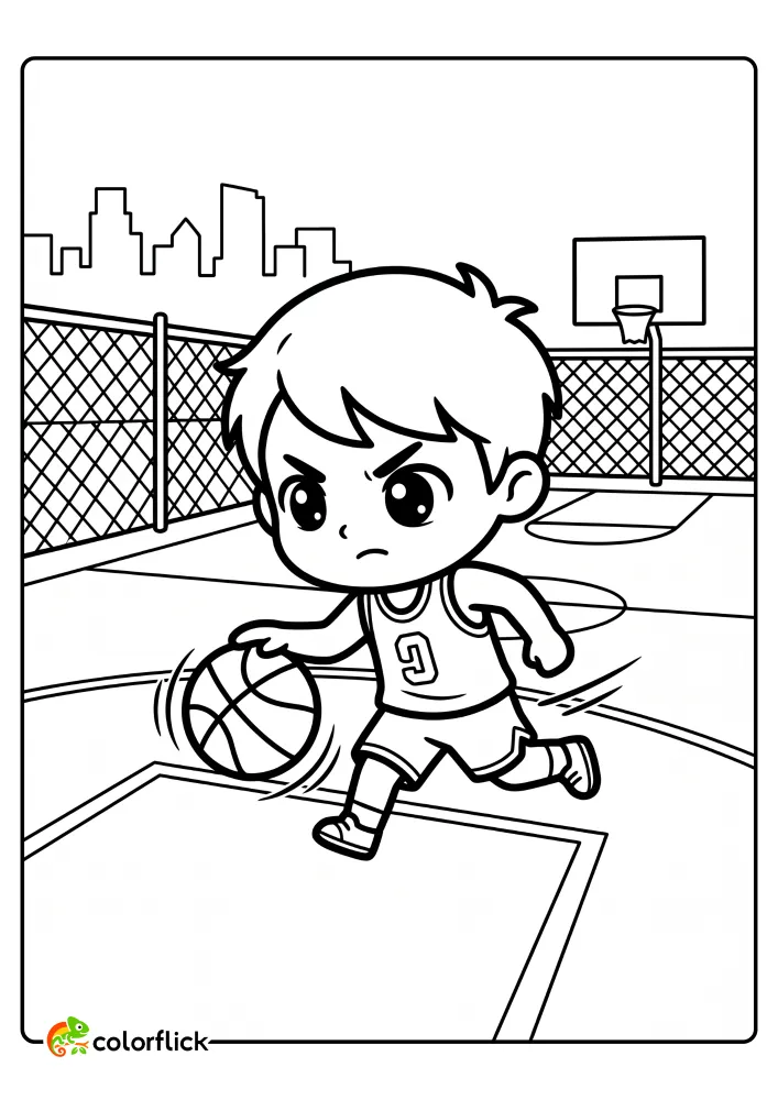 A determined boy basketball player with jersey number 5 dribbling a ball intensely on a playground court. Printable coloring page for kids.