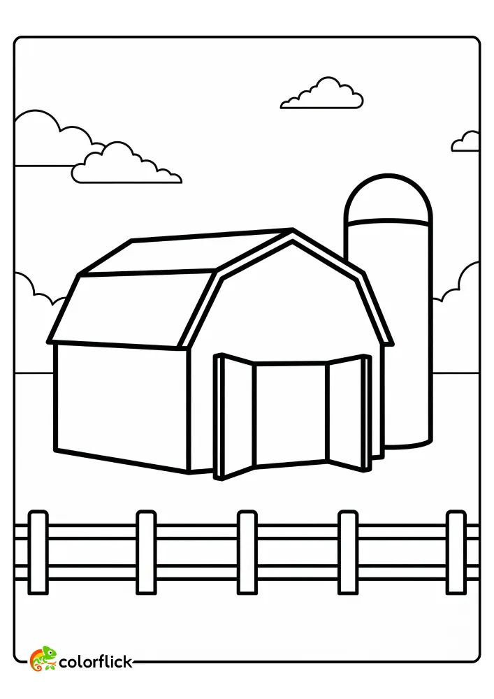 A simple line art illustration of a farm barn with open double doors, a tall silo, and a fence, perfect as a free printable coloring sheet for kids.