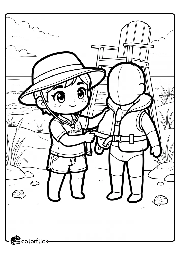 A simple line art printable coloring page for kids showing a cute child lifeguard helping a mannequin put on a large life jacket on a beach next to a lifeguard chair.